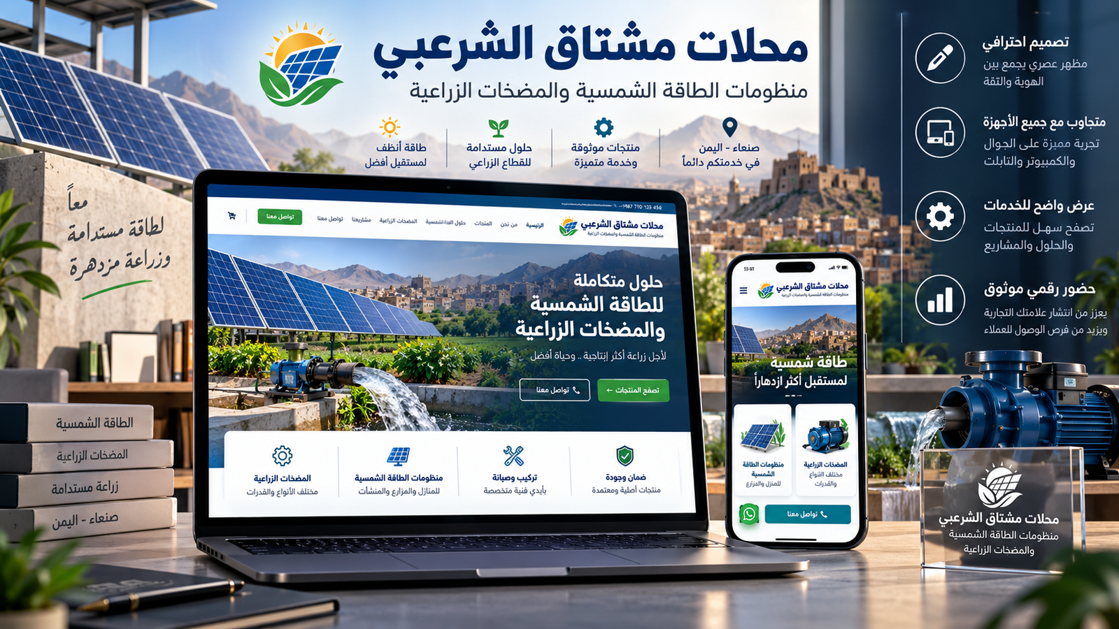 Main interface for Mushtaq Al-Sharabi – Solar Energy & Agricultural Pumps Website
